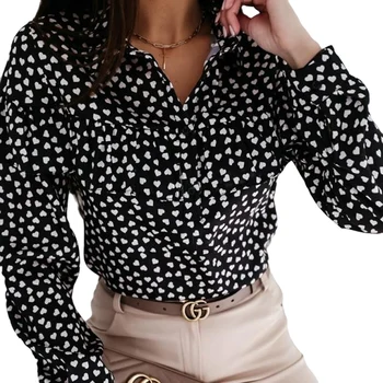 Sieviešu Modes Krekls Ar Garām Piedurknēm Savirmot Persiku Sirds Drukāt Elegantu Izskatu Pavasara Apģērbu, Savukārt, Apkakles Krekls