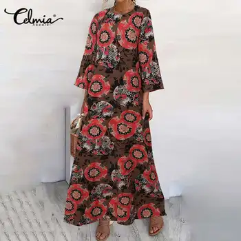 Sieviešu Modes Maxi Kleita Celmia 2021. Gada Rudenī 3/4 Piedurknēm Vintage Ziedu Iespiesti Garš Krekls Kleitas Gadījuma Zaudēt Puse Vestidos 7