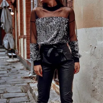 Sieviešu Modes Sexy Topi ar garām Piedurknēm Zaudēt Caurspīdīgs T Krekls 2019 Black O-veida kakla Kluba Puses Sequin T Krekls Vasaras Ikdienas Drēbes