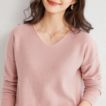 Sieviešu mīksto slim v-veida kakla sexy elastību apģērbu ar garām piedurknēm džemperis adītas vilnas džemperis