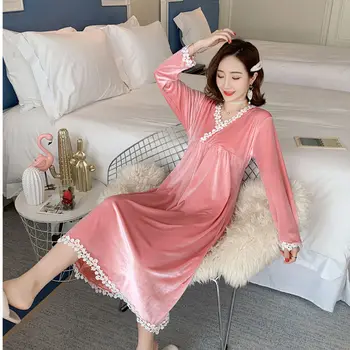 Sieviešu Nightgowns V-veida kakla Rudens Mežģīņu Vienkārši Pleuche Mājīgu Lielajam 5XL Slim Homewear Elegants korejas Modes Stila Nightdress Dienas