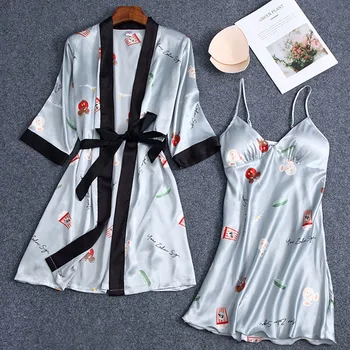 Sieviešu Nighty&Drēbes, Uzstādīt Peldmētelis Satīna 2GAB Naktskrekls Naktsveļu Gadījuma Intīmas Apakšveļa Mīksto Sleepwear Mājas Apģērbs Kimono Drēbes