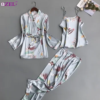 Sieviešu Pidžamas Komplekti 3 Gabali Modes Spageti Siksnas Satīna Sleepwear Sieviešu Ziedu Drukāt Garām Piedurknēm Pyjama Mājas Apģērbu Pijama