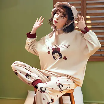 Sieviešu Pidžamas Komplekti garām Piedurknēm Bikses Rudens O-veida kakla Drukāt korejas Moderns Kawaii 2XL Zaudēt Sleepwear Mājas Ikdienas Atpūtas Mājīgu Šiks