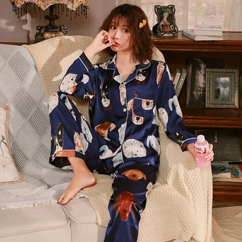 Sieviešu Pidžamas Mākslīgās Zīda Sleepwear Satīna Pidžamas Komplekts Augļu Ziedu Drukāt Garām Piedurknēm 2 Gabals Rudens Ziemas Homewear Pijamas Uzvalks