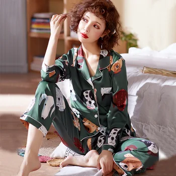 Sieviešu Pidžamas Mākslīgās Zīda Sleepwear Satīna Pidžamas Komplekts Augļu Ziedu Drukāt Garām Piedurknēm 2 Gabals Rudens Ziemas Homewear Pijamas Uzvalks