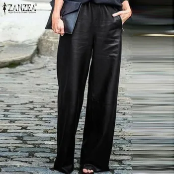 Sieviešu Plaša Kāju Bikses ZANZEA ir 2021. Modes PU Ādas Bikses Gadījuma Ilgi Pantalon Sieviešu Elastīgu Vidukli, Melnas Rāceņu Lielgabarīta