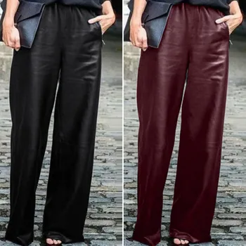 Sieviešu Plaša Kāju Bikses ZANZEA ir 2021. Modes PU Ādas Bikses Gadījuma Ilgi Pantalon Sieviešu Elastīgu Vidukli, Melnas Rāceņu Lielgabarīta