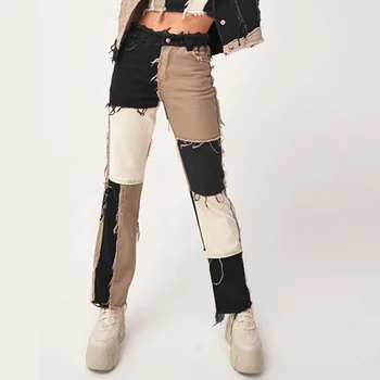 Sieviešu Raibs Augsta Vidukļa Taisnu Kāju Bikses Streetwear Džinsi Gruntis, Krāsas Bloka Dāma Bikses, Seksīgs Kontrasts Valdziņu Bikses