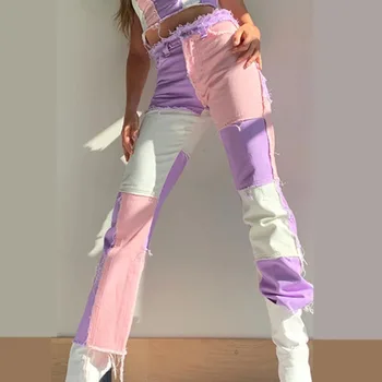 Sieviešu Raibs Augsta Vidukļa Taisnu Kāju Bikses Streetwear Džinsi Gruntis, Krāsas Bloka Dāma Bikses, Seksīgs Kontrasts Valdziņu Bikses