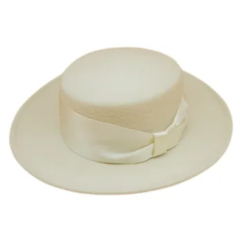Sieviešu retro loku balta vilnas top hat sieviešu ārējās tirdzniecības platām malām Britu savvaļas jutos Plata lente apdares beanie cepurēm