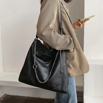 Sieviešu rokassomu Lielu jaudu Soft PU ādas Dāmas liels Totes Ķēdes dizaina sieviešu Plecu somas bolsas Black somas