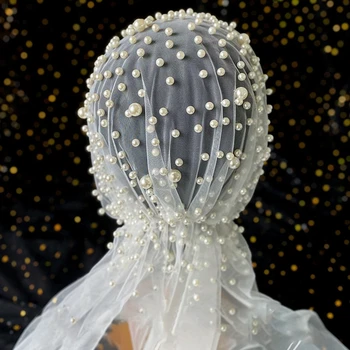 Sieviešu Romantisku Kāzu Plīvurs, Pērļu Imitācijas Roku Darbs Frēzēšana Cepuri Vienā Slānī Vintage Kāzu Puse, Matu Aksesuāri