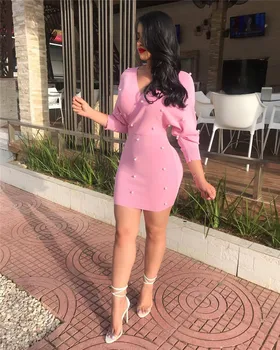 Sieviešu Rozā Pērle Frēzēšana Garām Piedurknēm Bodycon Kleita 2018 Sexy V-Neck Apvalku Slim Dāmas Elegants Puse Mini Klubs Kleitas Vestidos