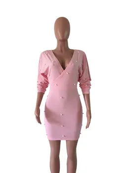 Sieviešu Rozā Pērle Frēzēšana Garām Piedurknēm Bodycon Kleita 2018 Sexy V-Neck Apvalku Slim Dāmas Elegants Puse Mini Klubs Kleitas Vestidos