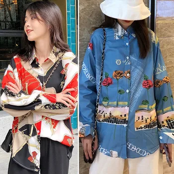 Sieviešu Rudens Janpanese Harajuku Krekls Uzdrukāts Atloks Long Piedurknēm Pogas Dāmas Vintage Blūzes Ietilpst Moderns Apģērbs