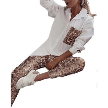 Sieviešu Rudens Sexy Divi Gabali Uzstādīt Snake Modelis Drukāt garām Piedurknēm Brīvs Krekls Un Bikses Dāmas Gadījuma Streetwear Apģērbs SJ5059M
