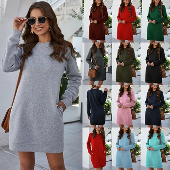 Sieviešu Rudens Ziemas Kleitu Apaļu Kakla garām Piedurknēm tīrtoņa Krāsu Zaudēt Plus Samta Kabatas Kleitu Modes Dāmas Puses 2020 Jaunas