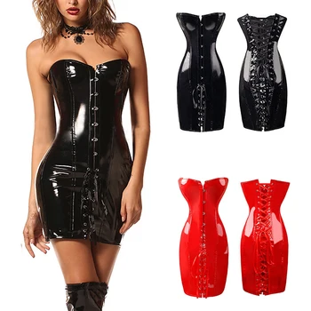 Sieviešu Sexy Atkaulotas PU Ādas Gothic Korsete Kleita, Spīdīga PVC Ādas Bustier Top Mežģīņu Clubwear Corselet Black Red