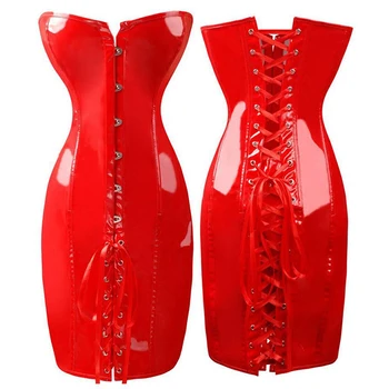 Sieviešu Sexy Atkaulotas PU Ādas Gothic Korsete Kleita, Spīdīga PVC Ādas Bustier Top Mežģīņu Clubwear Corselet Black Red