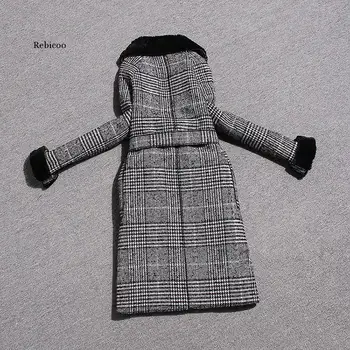 Sieviešu Slim Jostas Turndown Apkakles Mēteļi Modes Vintage Pleds Vilnas Mētelis Dāmas Korejas Rudens Ziemas Silto Mākslīgās Vilnas Starplikas Virsdrēbes