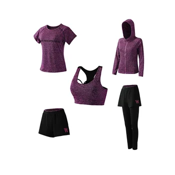 Sieviešu sporta apģērbu komplekti, 5GAB mēteļi+t krekls+krūšturis+bikses+bikses ātri sausas fitnesa trenažieru zāle jogas apģērbs sieviešu āra sporta darbojas set