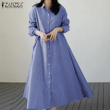 Sieviešu Svītrainām Sundress ZANZEA ir 2021. Modes Pavasara Krekls, Kleita Gadījuma Atloks ar garām Piedurknēm Maxi Vestidos Pogu Drēbes Lielgabarīta