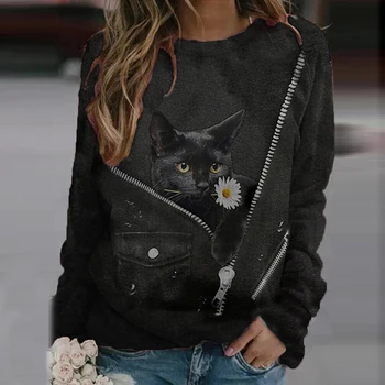 Sieviešu T-Krekls ar garām Piedurknēm Krekli Ir 2021. Kaķis Drukāt Gudrs Krekli Pavasara Bāzes Gadījuma O-veida Kakla Tee Mīksti Džemperi, Topi, Sieviešu