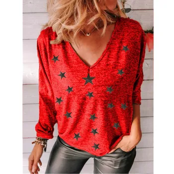 Sieviešu T-Krekls Kokvilnas Džemperi Modes Dāmas Gadījuma Zvaigznes Iespiests V Kakla Krekls Ar Garām Piedurknēm Plus Lieluma Pavasaris Rudens Topi Brīvs