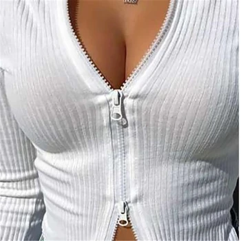 Sieviešu T-krekls Pavasara Rudens Drēbes Rievoti Adīta ar garām Piedurknēm Crop Topi Rāvējslēdzēju Dizaina Tee Sexy Sieviešu Slim Melns Balts Tops