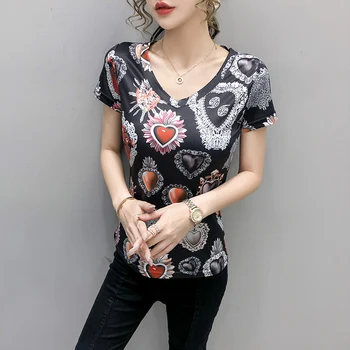 Sieviešu T-krekls Vasaras Plus Lieluma Tee Krekli Sieviešu Modes Drukāt V Kakla Īsām Piedurknēm Gadījuma Liels Izmērs 2XL 3XL Topi Femme camisetas