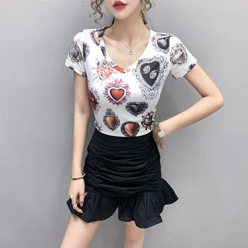 Sieviešu T-krekls Vasaras Plus Lieluma Tee Krekli Sieviešu Modes Drukāt V Kakla Īsām Piedurknēm Gadījuma Liels Izmērs 2XL 3XL Topi Femme camisetas
