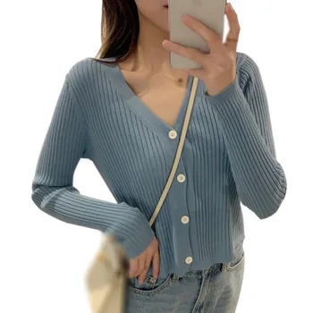 Sieviešu Tshirts korejas vienkrāsainu V-veida Kakla Modes Slim Fit Top garām Piedurknēm T Krekls Trikotāžas Camiseta Jaciņa Vetements Femmes