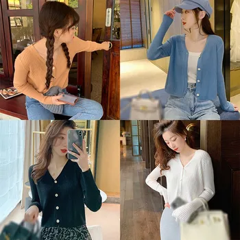 Sieviešu Tshirts korejas vienkrāsainu V-veida Kakla Modes Slim Fit Top garām Piedurknēm T Krekls Trikotāžas Camiseta Jaciņa Vetements Femmes
