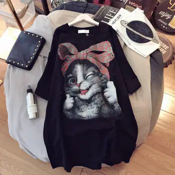 Sieviešu Vasaras Gudrs Kaķis Drukāt Dāma Gadījuma T-krekls Topi Harajuku Streetwear Īsām Piedurknēm O-veida Kakla Topi, t-veida, Camisetas Mujer L1459