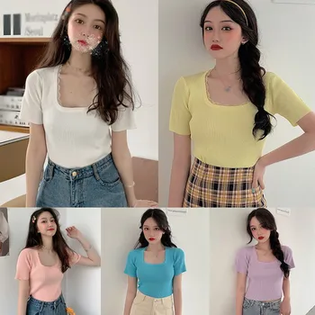 Sieviešu Vasaras Tshirt korejiešu Stilā Casual Poleras Modes Laukumā Apkakles Cietā Īsām Piedurknēm Adīts Sexy Slim Džemperi T-Krekls