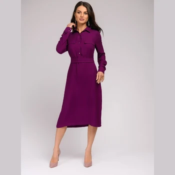 Sieviešu Vintage Vērtnēm-line Grupa garām Piedurknēm Savukārt Apkakle Cietā Elegantais Casual Slim Kleita 2020 Jauno Rudens Modes Kleita