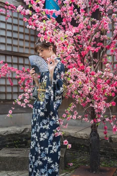 Sieviešu Yukata Tradicionālo Japānas Kimono Drēbes Fotogrāfija Kleita Cosplay Kostīms zilā Krāsā ziedu Prints Vintage Clothin