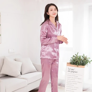 Sieviešu Zīda Satīna Pidžamas Komplekts Pāriem tīrtoņa Krāsu garām Piedurknēm Sleepwear Uzvalks 2XL