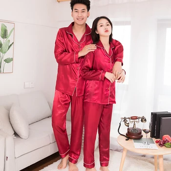 Sieviešu Zīda Satīna Pidžamas Komplekts Pāriem tīrtoņa Krāsu garām Piedurknēm Sleepwear Uzvalks 2XL