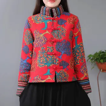 Sieviešu Ķīniešu Tradicionālo Tērpu Plus Lieluma Ziemas Sabiezēt Jaka Jauno Gadu Izšuvumi, Ziedu Stand Apkakli Etniskā Mētelis Tang Uzvalks