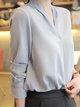Sieviešu Šifona Krekli Elegants Saldās Biroja Dāma Korejiešu Stilā, Blūzes 2020. Gada Pavasarī Ar Garām Piedurknēm, V Veida Kakla Zaudēt Dizainers Cēloņu Topi