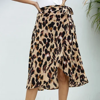 Sieviešu Šifona Leopards Drukāt Svārki Ar Augstu Starām. Apsēju, Gari Svārki Sexy Sadalīt Pārsējs Svārki Streetwear M Izmērs Brūna