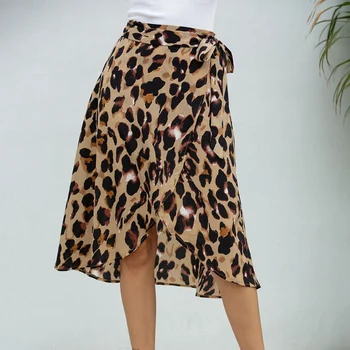 Sieviešu Šifona Leopards Drukāt Svārki Ar Augstu Starām. Apsēju, Gari Svārki Sexy Sadalīt Pārsējs Svārki Streetwear M Izmērs Brūna