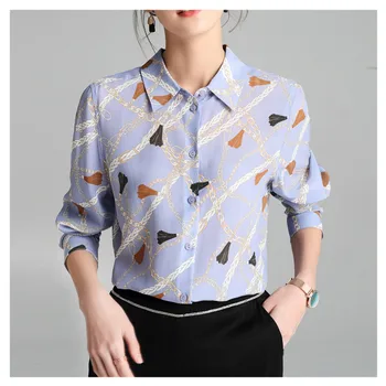 Silviye Zīda krekls, zīda retro drukāšanas garām piedurknēm top pavasara krekls temperaments sieviešu jauns 2020