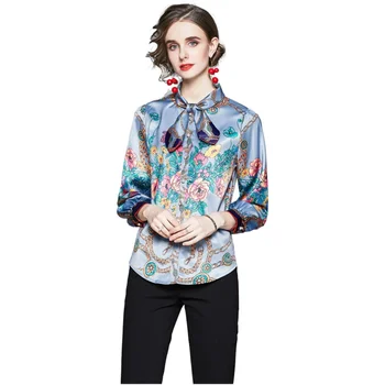 Simgent tauriņu Kakla Blūze Sievietēm Laternu Piedurknēm Rudens Pavasara Elegants Vintage Print Krekls Dāmas Topi Sieviete, Apģērbu SG09285