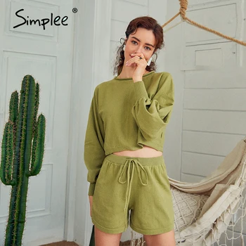 Simplee Gadījuma adīti sieviešu divas gabals uzvalks Pavasara rudens burbulis piedurknēm top bikses kopa Sexy nabas džemperis divu gabals komplekti 2020