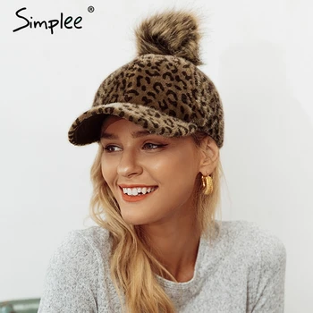 Simplee Leopard sieviešu ziemas cepure 2018 sievietēm Mākslīgās Kažokādas matu bumba vāciņu regulējams Gadījuma streetwear silts snapback cepure klp