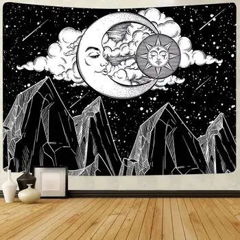 Simsant Melnie un Baltie Kalni, Gobelēns, Mēness, Zvaigžņu Nakts Sky Art Sienas Karājas Gobelēni par dzīvojamo Istabu Mājas Dekoru
