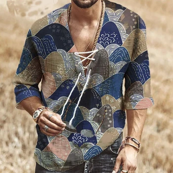 SIPERLARI Vīriešu Apģērbu 2020. Gadam Eiropas American Jaunu Vīriešu Krūtīm Mežģīnes-up Īsām piedurknēm Drukāts Krekls Gadījuma V-veida Kakla Vīriešu Kleita Krekli